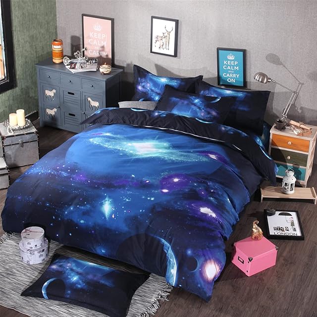 Outer Space Bedding Blue Duvet Cover Set Galaxy Double Size Quilt Cover Starry Sky Comforter Cover with Zipper Closure for Teen Kids Boys Girls Adult Easy Cleaning Microfiber Duvet Cover, 200x200cm