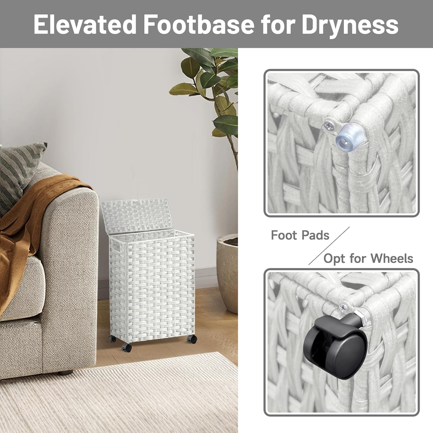 Hiagnete Toilet Paper Storage Basket with Lid and Wheels, Rattan Toilet Paper Holder Storage, Toilet Paper Organizer for Bathroom, Bedroom, Kitchen, 12.6”L x 7.1”W x 17.14”H, White - Image 6