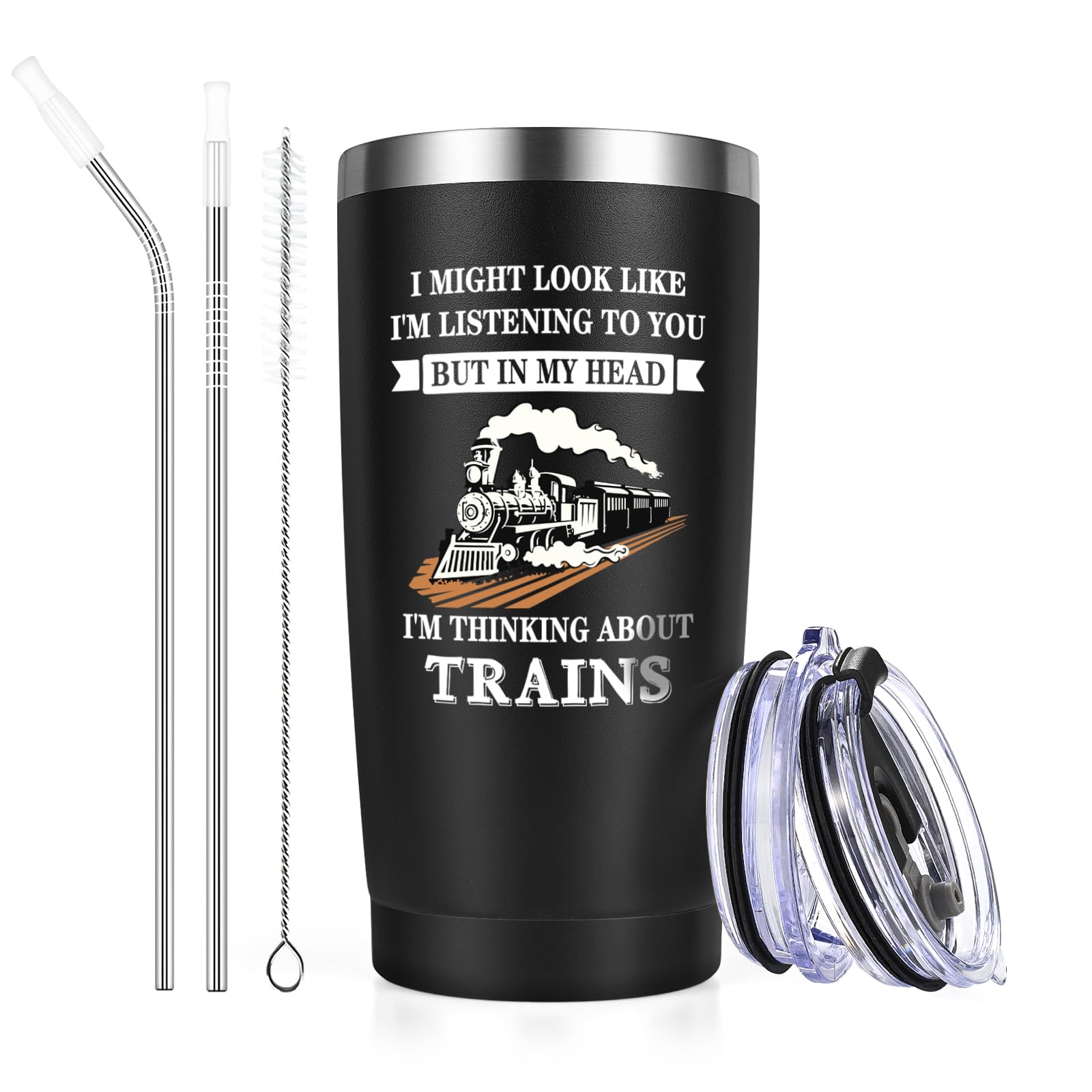 Livole Train Gifts for Men, Him, Dad, Christmas Gifts for Train Enthusiasts, Novelty Mens Present for Birthday, In My Head I'm Thinking about Trains, 20oz 600ml Double Walled Travel Coffee Tumbler Mug
