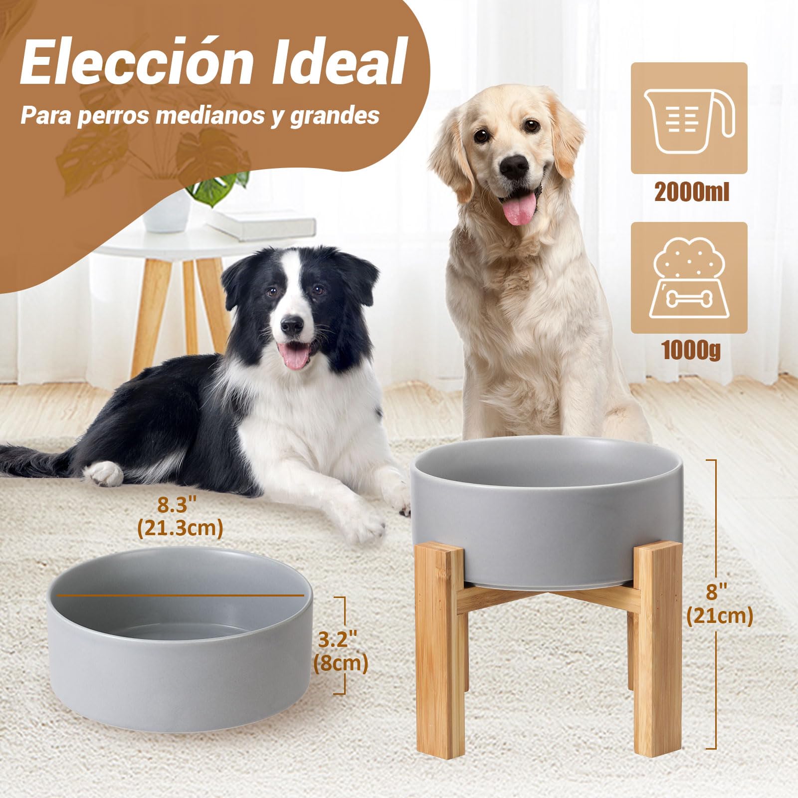 Comedero y Bebedero Perro Elevado - Comedero Perro Grande con Soporte de Bambú - Cuenco Ceramica Perro para Comida y Agua - Comederos Perros Grandes - Plato para Perro Alto - Bol Perro - 1800 ml