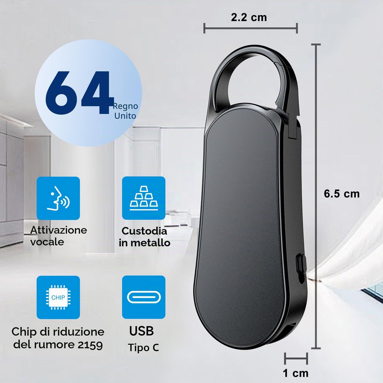 64GB Ponovo Registratore Vocale Design Portachiavi con Custodia in Metallo, Funzionamento a Un Tasto, Audio Hi‑Fi 1536 kbps e Attivazione Vocale – Ideale per Interviste e Riunioni