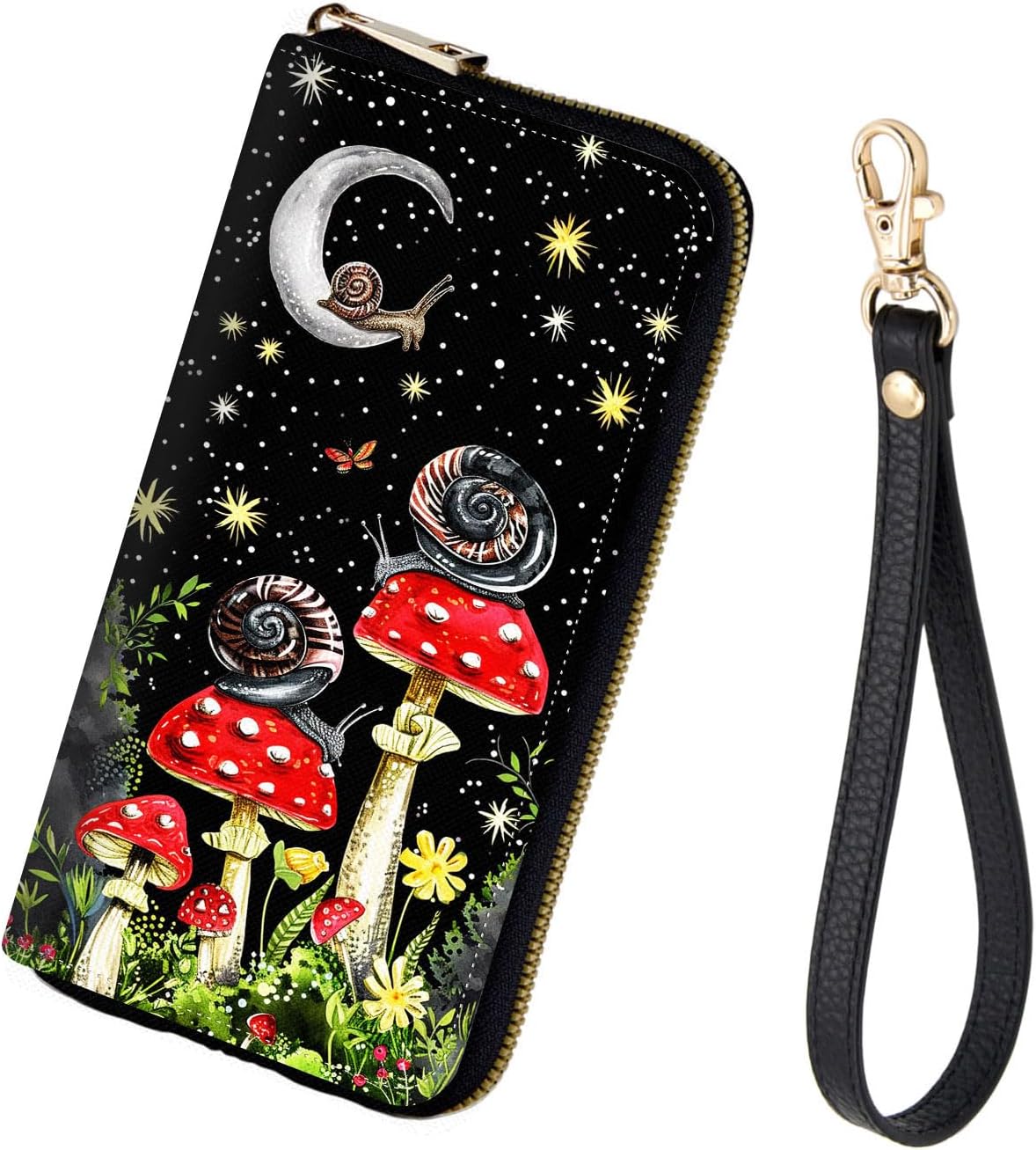 Women's RFID Blocking Zip Around Wallet with Detachable Wrist Strap – Large Capacity Leather Clutch Purse for Travel & Daily Use,Snail Mushroom
