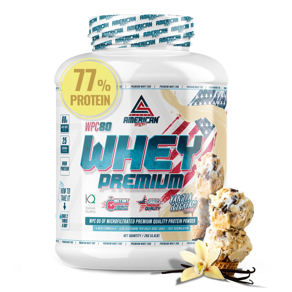 Premium Proteina Whey | Whey Protein 2 kg | Aumentar Masa Muscular | Alta Concentración de Proteína en polvo WPC80 Pura | Kyowa Quality® (2 kg, Vainilla)