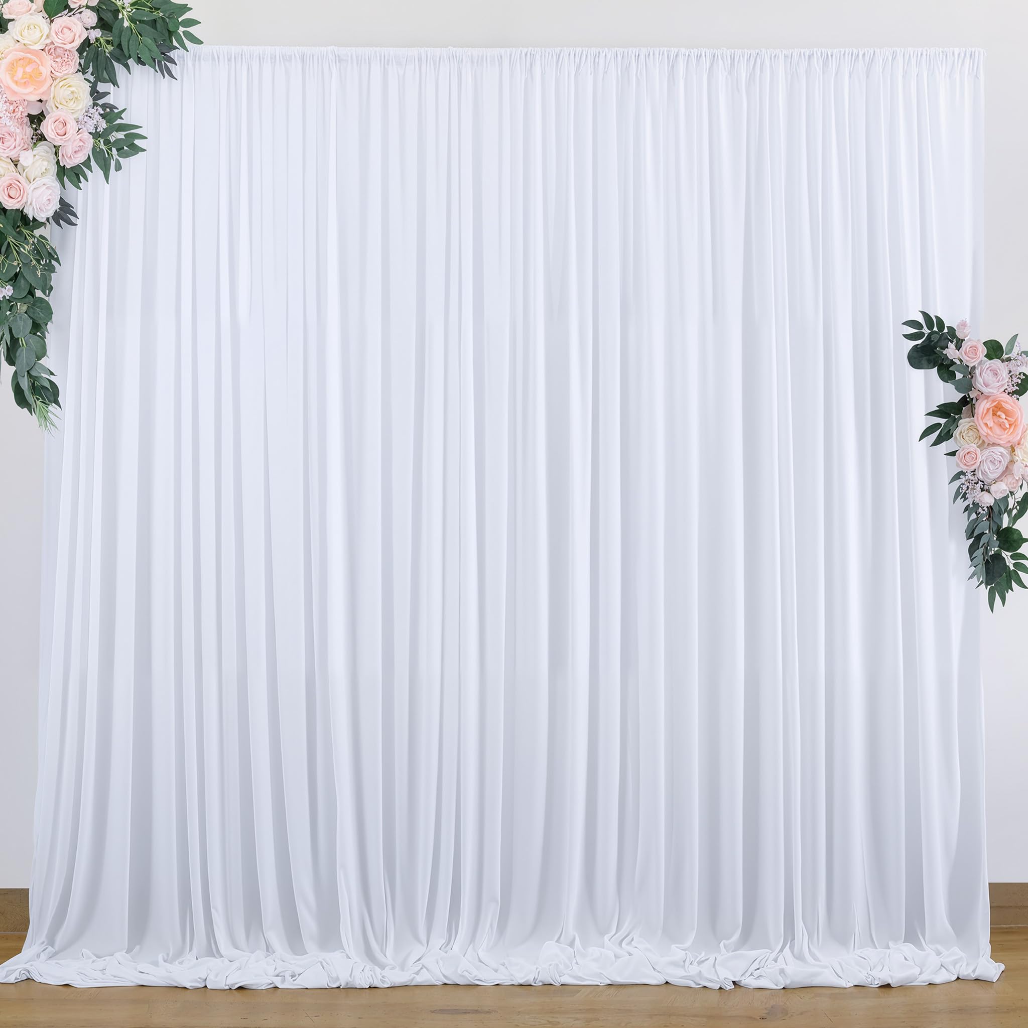 Photo 1 of 10 ft x 10 ft Wrinkle Free White Backdrop Curtains for Wedding Parties, Polyester Photography Backdrop Drapes for Birthday Parties Stage Backdrop Stand, 2 Panels 5x10FT Background Curtains