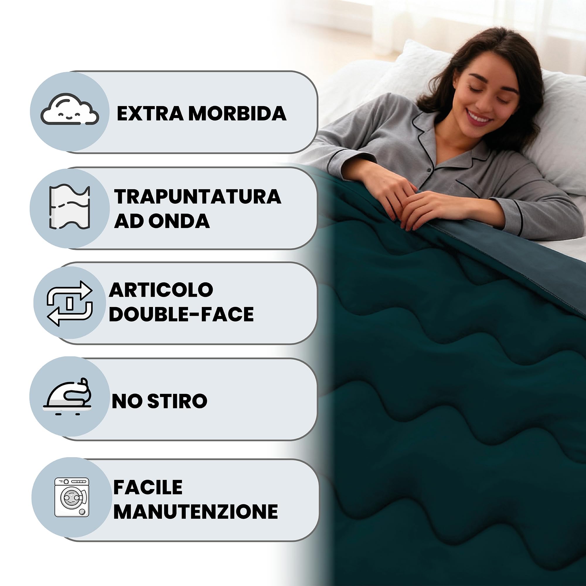 Winterbettdecke ZOE Made in Italy, zweifarbig Wendeoptik, Steppdecke mit Füllung 250 g – Doppelbettdecke 250x250 cm – Waschmaschinengeeignet – Petrol/Salbei