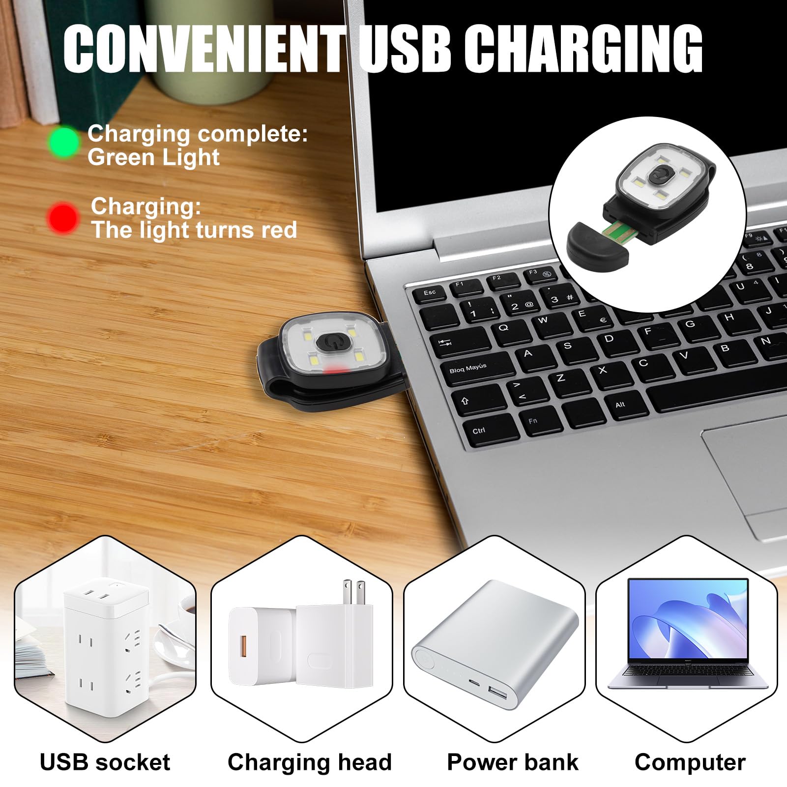 PRETTI 2 Pack LED Clip On Running Lights for Night Safety USB Rechargeable Hands-Free Flashlights with 3 Brightness Modes - Image 3