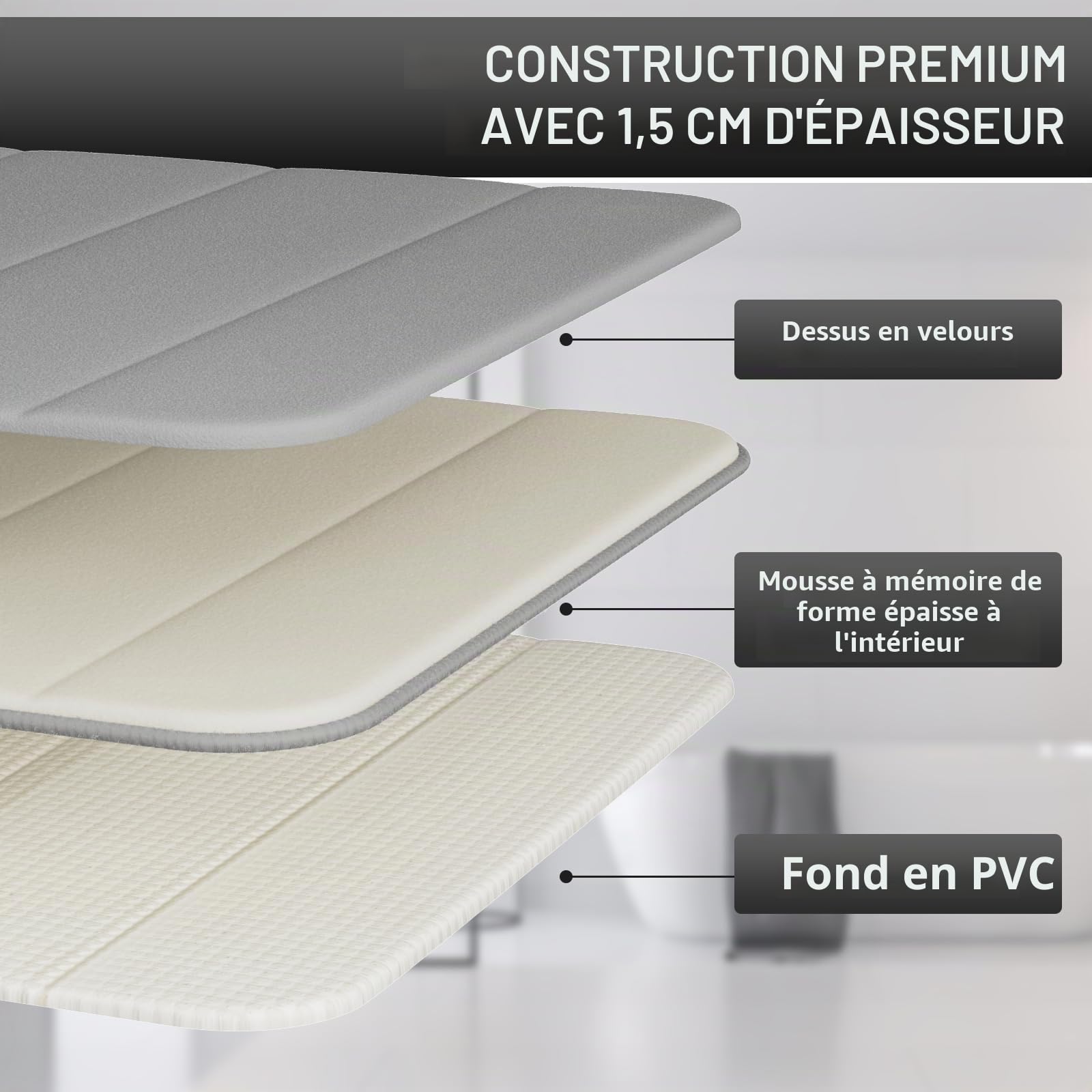 Tapis de toilette en mousse à mémoire de forme 50 x 60 cm gris antidérapant super absorbant