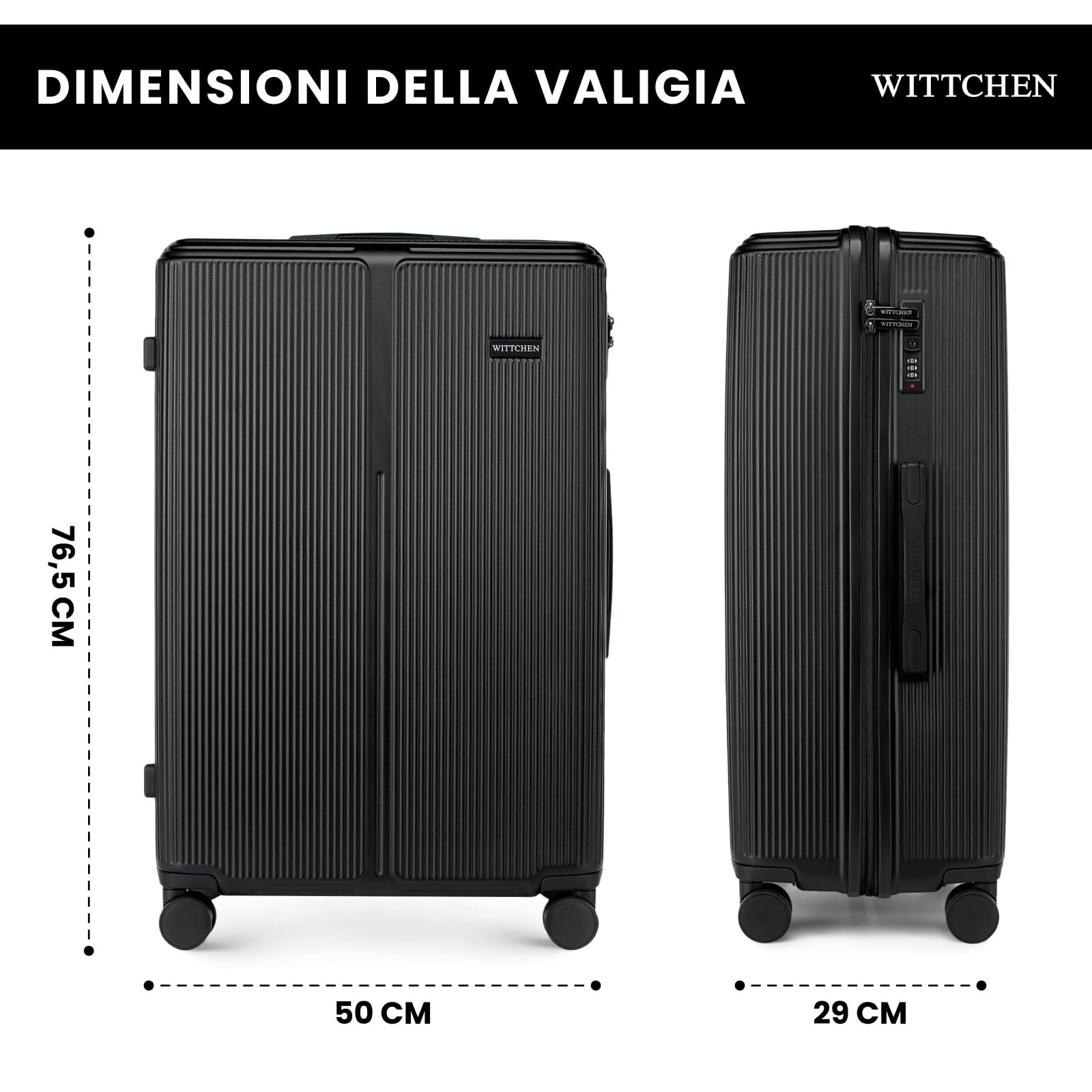 WITTCHEN Stripes Line Valigia grande (XL) | 76,5 × 50 × 29 cm (96 L), ABS rigido, 4 ruote 360° e lucchetto a combinazione | Trolley grande formato XL, Ryanair/ITA Airways - Colore: Nero