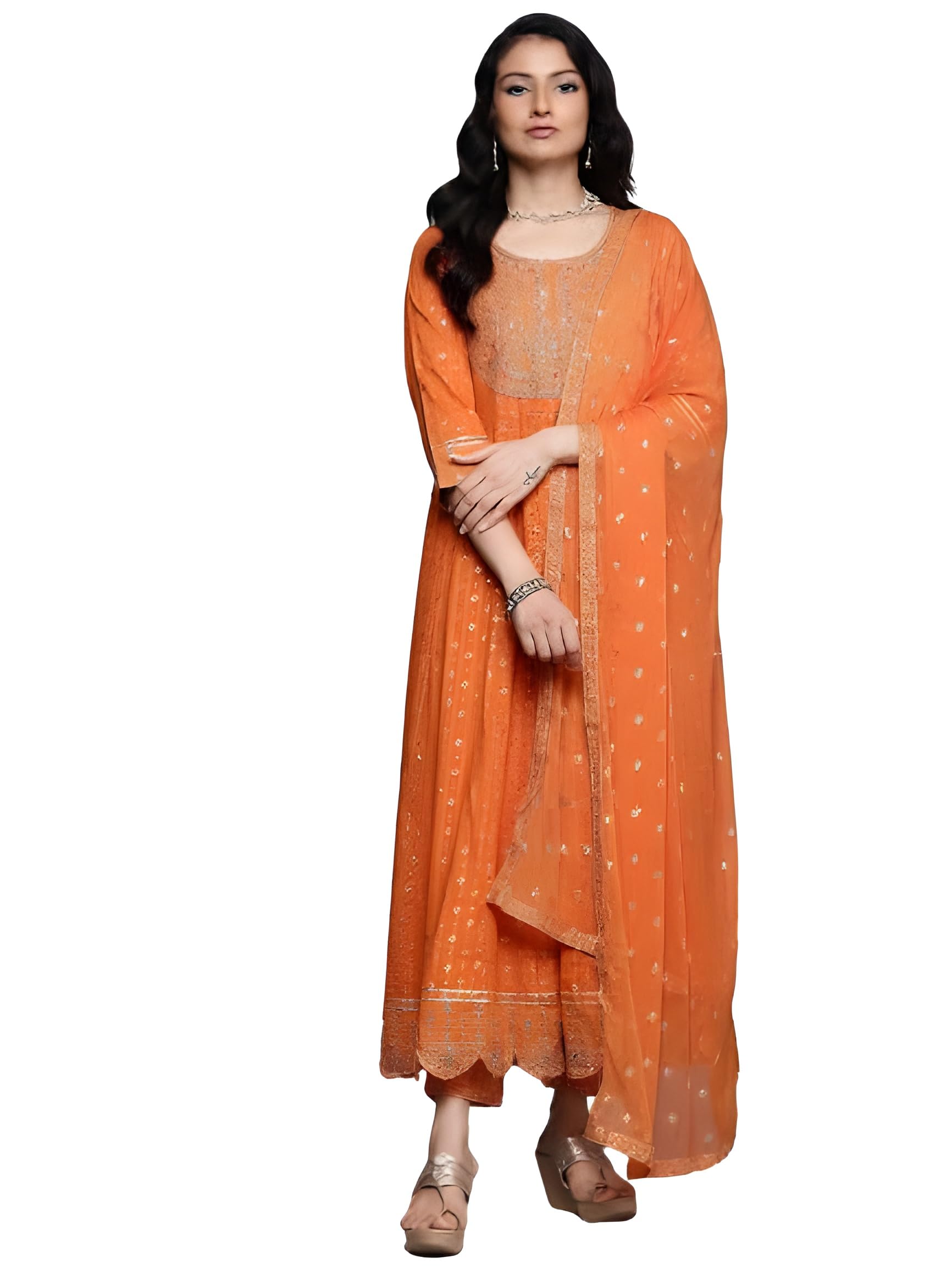 varanga Women Orange Mirror And Thread Embroidered,Zari Embellished Scalloped Schiffli Anarkali Kurta Paired Wirh Printed Bottom And Embroidered Dupatta-picture-20