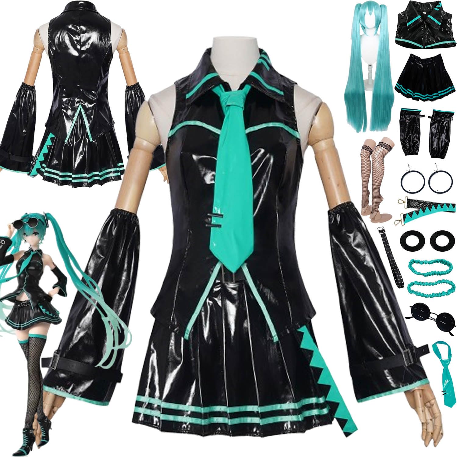 Anime H'atsune M'iku Disfraz de cosplay Juego de role Uniforme Conjunto Completo Halloween Fiesta Carnaval Traje de Vestir con Peluca Tocado Gafas Pendiente para Mujeres
