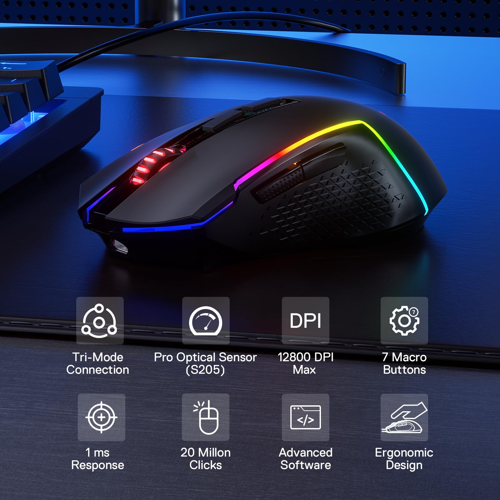 Redragon M693 Souris De Jeu Sans Fil, 8000 DPI Avec Connexion 3 Modes, BT Et 2,4 G Sans Fil, 7 Boutons Macro, Capacité D'alimentation Durable Pour PC/ Mac/ordinateur Portable