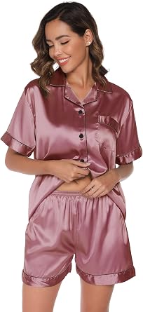 GAESHOW Silk Pajamas for Women Short Sleeve Satin Pajama Set 2 Piece Sleepwear Loungewear Button Down Pj Set