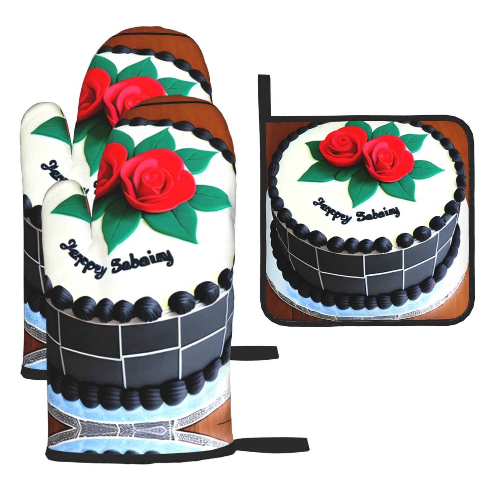 Delicious cakes Oven mittens and oven mitts three-piece set suitable for oven, grilling, baking, microwave and home cooking.