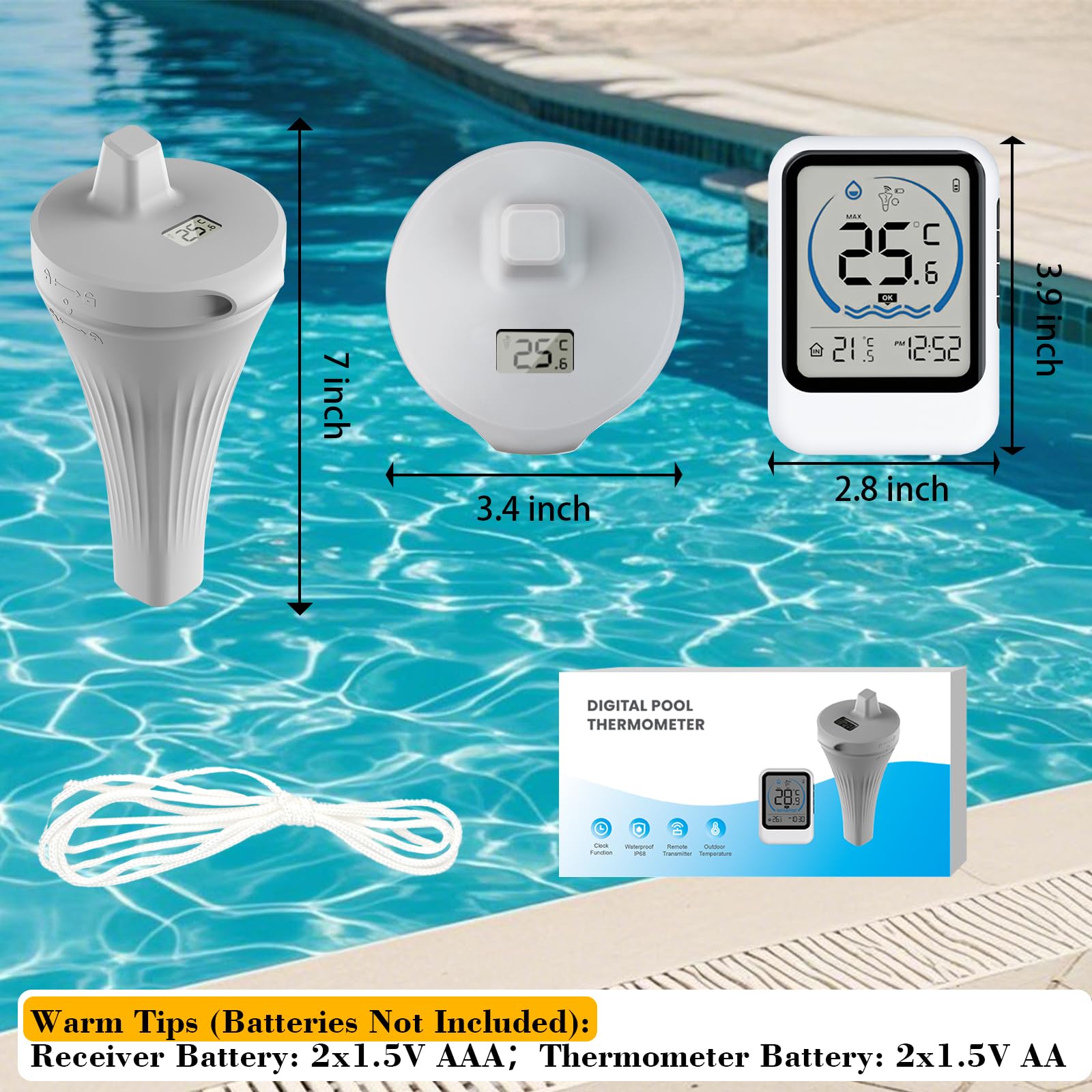 Pool Thermometer Funk, Digital Poolthermometer Schwimmend Funk mit IP68 Wasserdicht, Schwimmbadthermometer Wasserthermometer Digitales Thermometer für Pools, Badewannen, Schwimmbäder, Aquarium, Teich