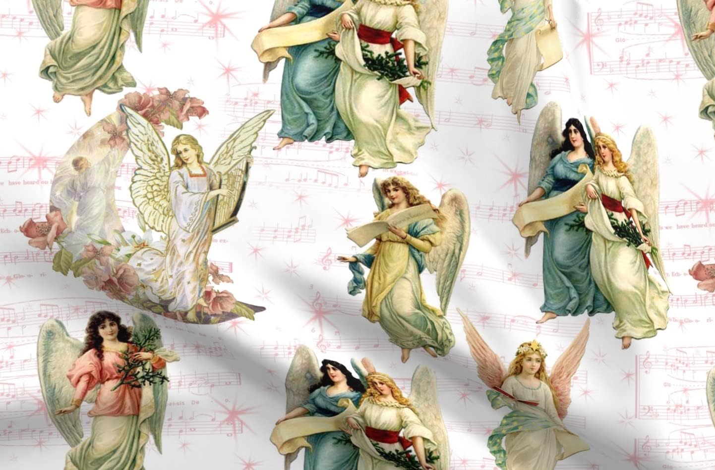 Spoonflower Fabric - Angels High Christmas Victorian Music Stars Pink White Cloth Printed on Petal Signature Cotton Fabric by The Yard - Sewing Quilting Apparel Crafts Decor