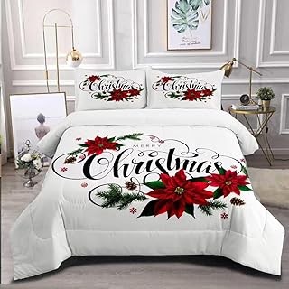 GRAT TIOC Christmas Comforter Queen,Xmas Bedding Set Set,Red Poinsettia Flowers Comforter Merry Christmas Bed Bedroom Set Home Decor for Kids Girls Women White
