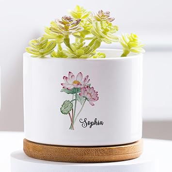 Water Lilly July Birth Month Flower Plant Pots Personalized with Name,Birth Flower Planter with Drainage Bamboo Tray,Custom Birth Flower Garden Flower Pot,Ceramic Succulent Pot,Birthday Gifts