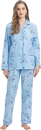 100% Cotton Pajamas For Women Long-Sleeve PJS set Cozy Button Down Sleepwear Boyfriend Loungewear S-3XL