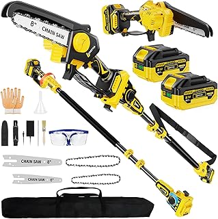 3-in-1 Electric Pole Saws for Tree Trimming, 8"&6" Mini Chainsaw with Extension Pole Total Reach of Max 15.58ft, 1000W Brushless Motor, Cordless Pole Saw Auto Oiling, 2×4.0Ah Battery, for Wood Cutting