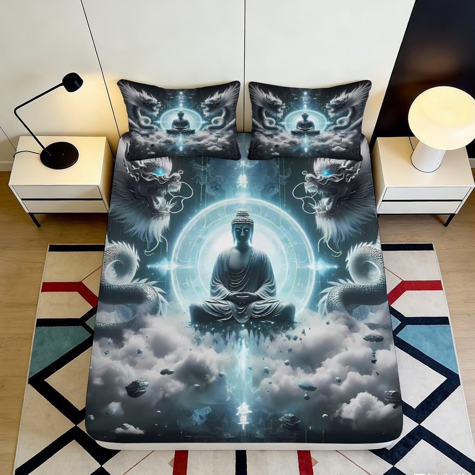 3D Printed Buddha Dragon Fitted Sheet Microfiber Soft Durable Mystic Clouds Bed Cover for Bedroom Dormitory Guest Room Mattress Protection 180x200x25cm