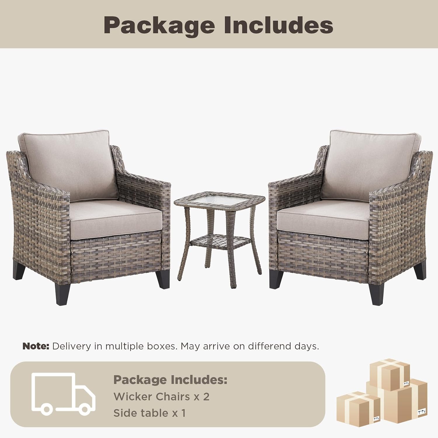 Belord Patio Chairs Set with Side Table, Outdoor Rattan Chairs for Deck Porch Garden, 3 Piece Luxury Patio Furniture Set, Beige