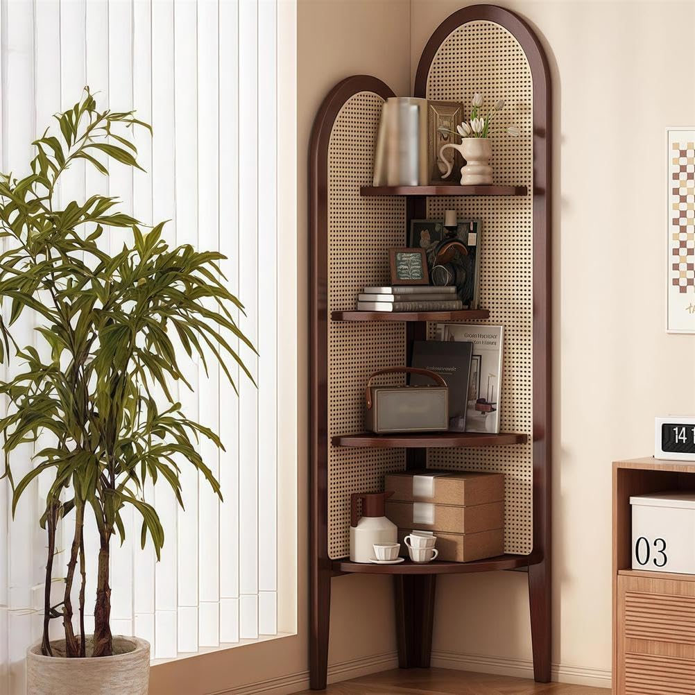 4-Tier Rattan Corner Bookshelf - Space-Saving Bamboo Triangular Design for Living Room Bedroom & Office - Easy Assembly Stylish Storage Solution