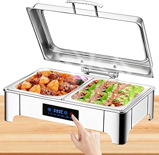 Chafing Dish Elektrisch 9L, Edelstahl Elektrische Warmhaltebehälter Einstellbare Temperatur, Rechteckiger Chafing Dish Set Speisenwärmer mit Sichtbarem Glasdeckel (B, 1/2 Pan)