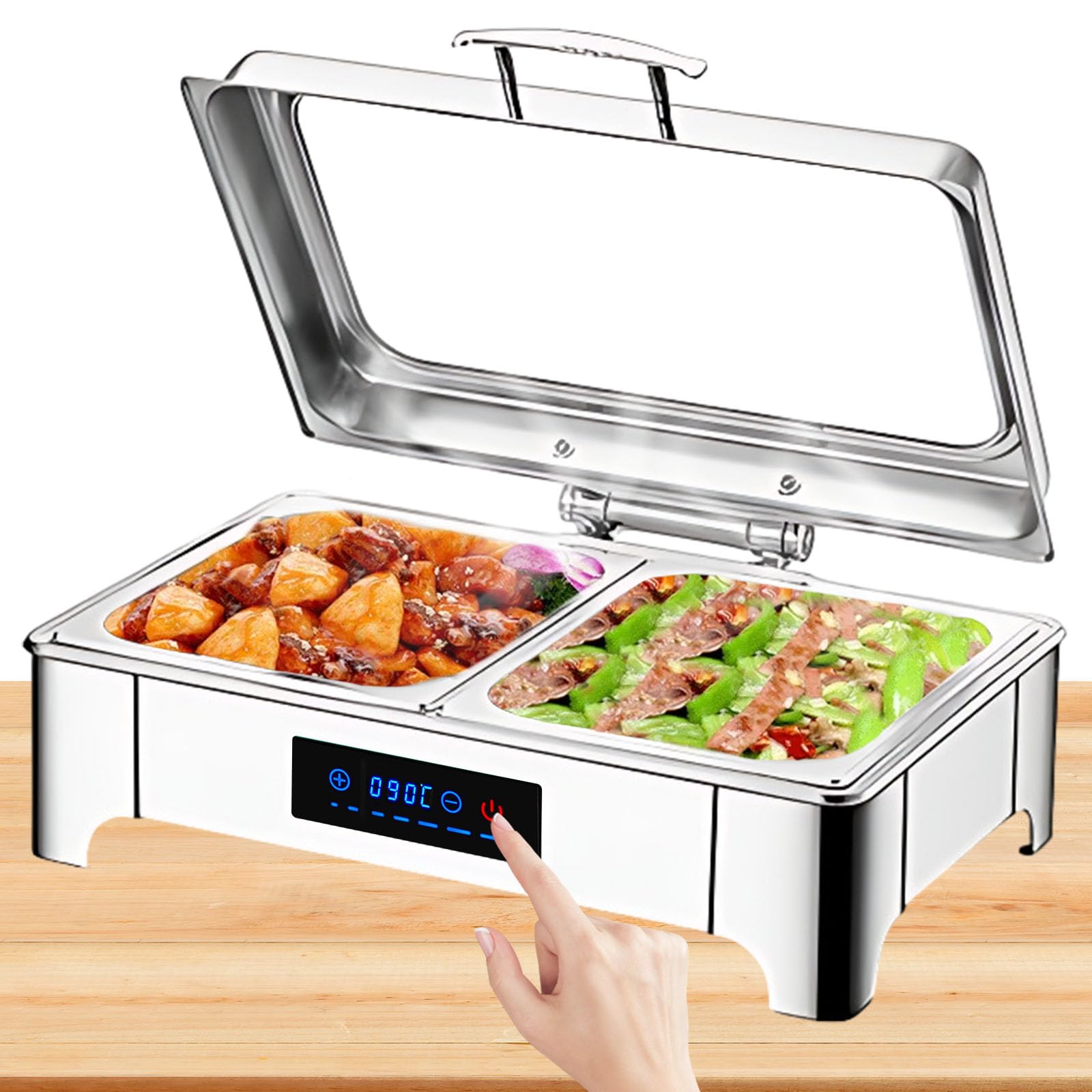 Chafing Dish Elektrisch 9L, Edelstahl (B, 1/2 Pan) | Elektrische Warmhaltebehälter Einstellbare Temperatur, Rechteckiger Chafing Dish Set Speisenwärmer mit Sichtbarem Glasdeckel