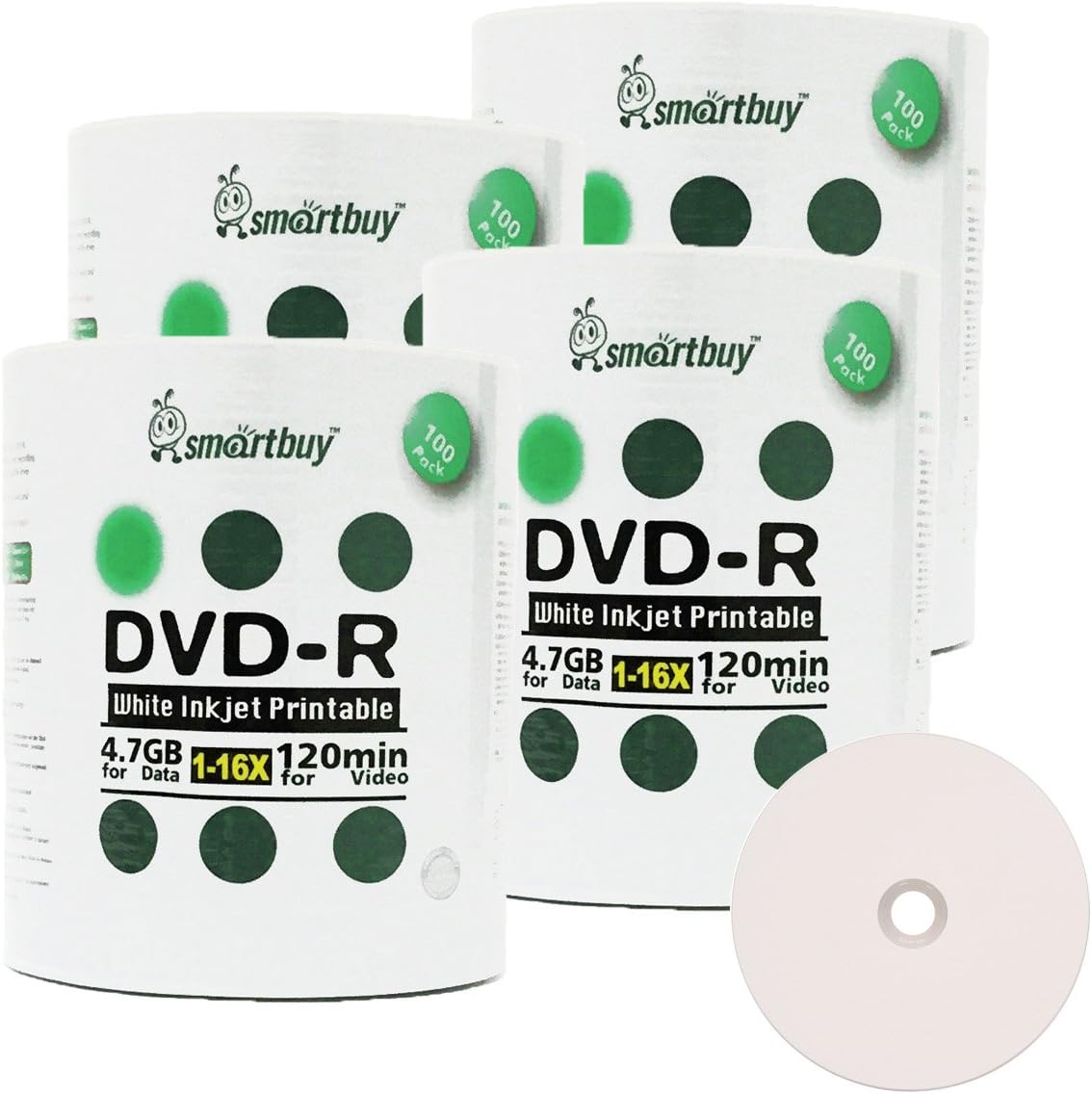 Smart Buy 400 Pack DVD-R 4.7gb 16x White Printable Inkjet Blank Media Record Disc, 400 Disc 400pk