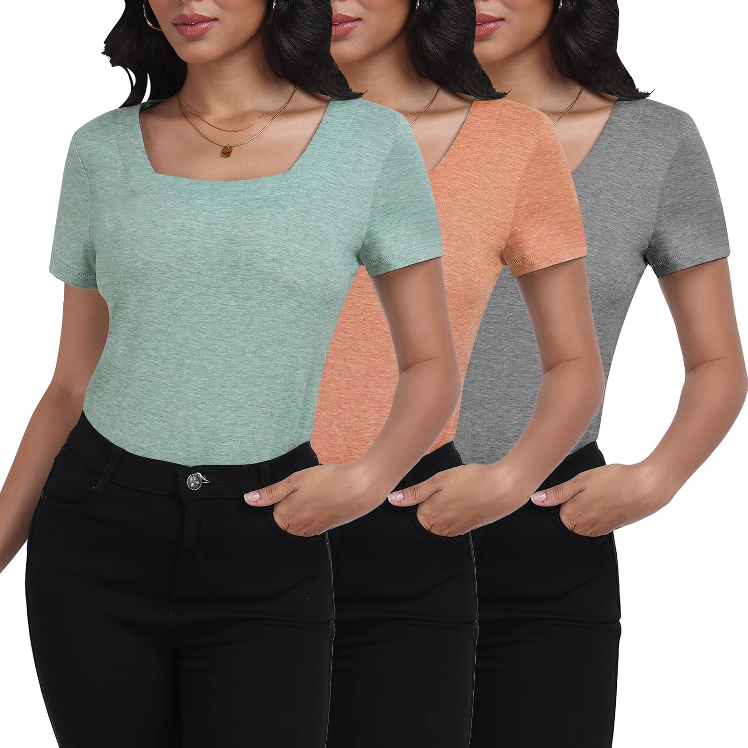Women T Shirts 3 Pack Basic Womens Tops Short Sleeve Square Neck Tees for Women Casual Summer Outfits Clothes 2025