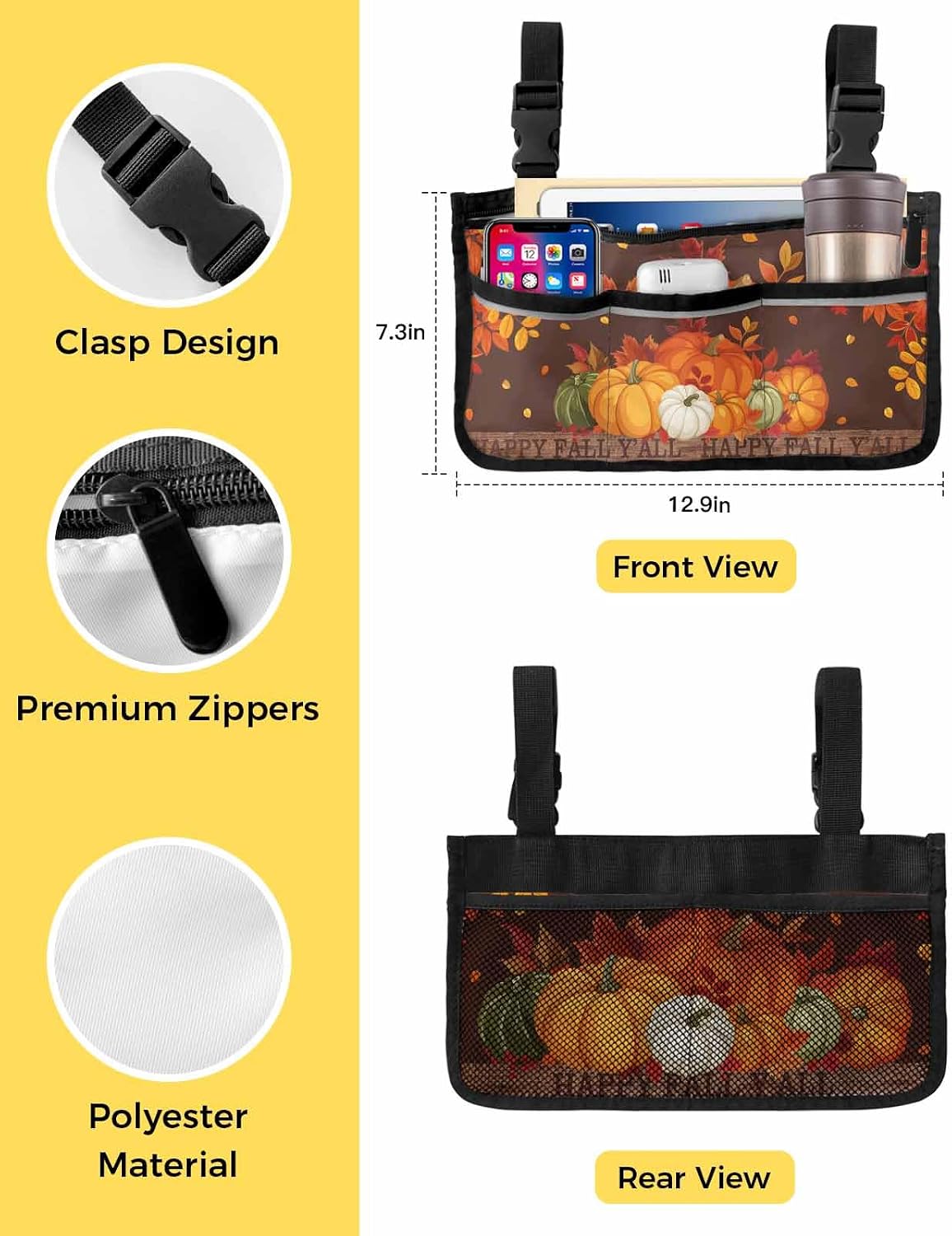 Pumpkin Thanksgiving Wheelchair Side Bag Walker Bag, Autumn Leaf Happy Fall Y'all Brown Wood Wheelchair Accessories Armrest Pouch, Organizer Storage Bag for Walkers, Rollators, 7.3''x13''