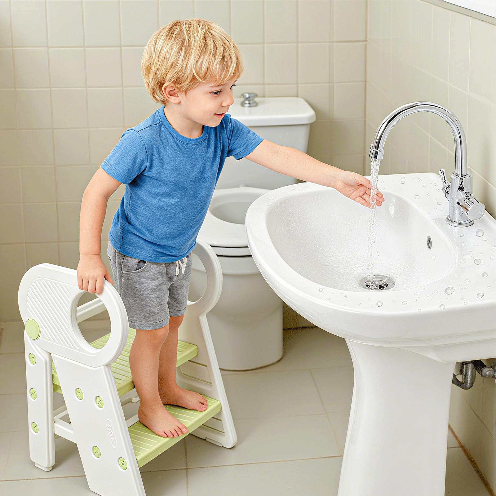 Sgabello per Bambini Pieghevole Scaletta Regolabile a 2/3 Gradini con Corrimano,Antiscivolo,Sgabello Pieghevole per Bambini per Bagno, Cucina, WC e Lavandino
