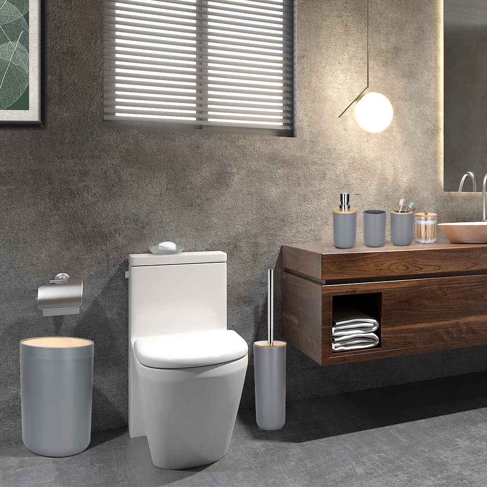 JOTOM Juego de accesorios de baño de bambú de 7 piezas de accesorios de baño de plástico moderno de lujo, soporte para cepillo de dientes, vaso, soporte Qtip, juego de cepillo de inodoro, jabonera,
