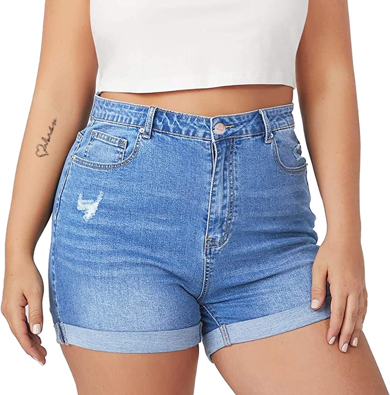 Tulucky Women Plus Size Jean Shorts High Waist Cute Distressed Ripped Folded Hem Denim Shorts - Image 7