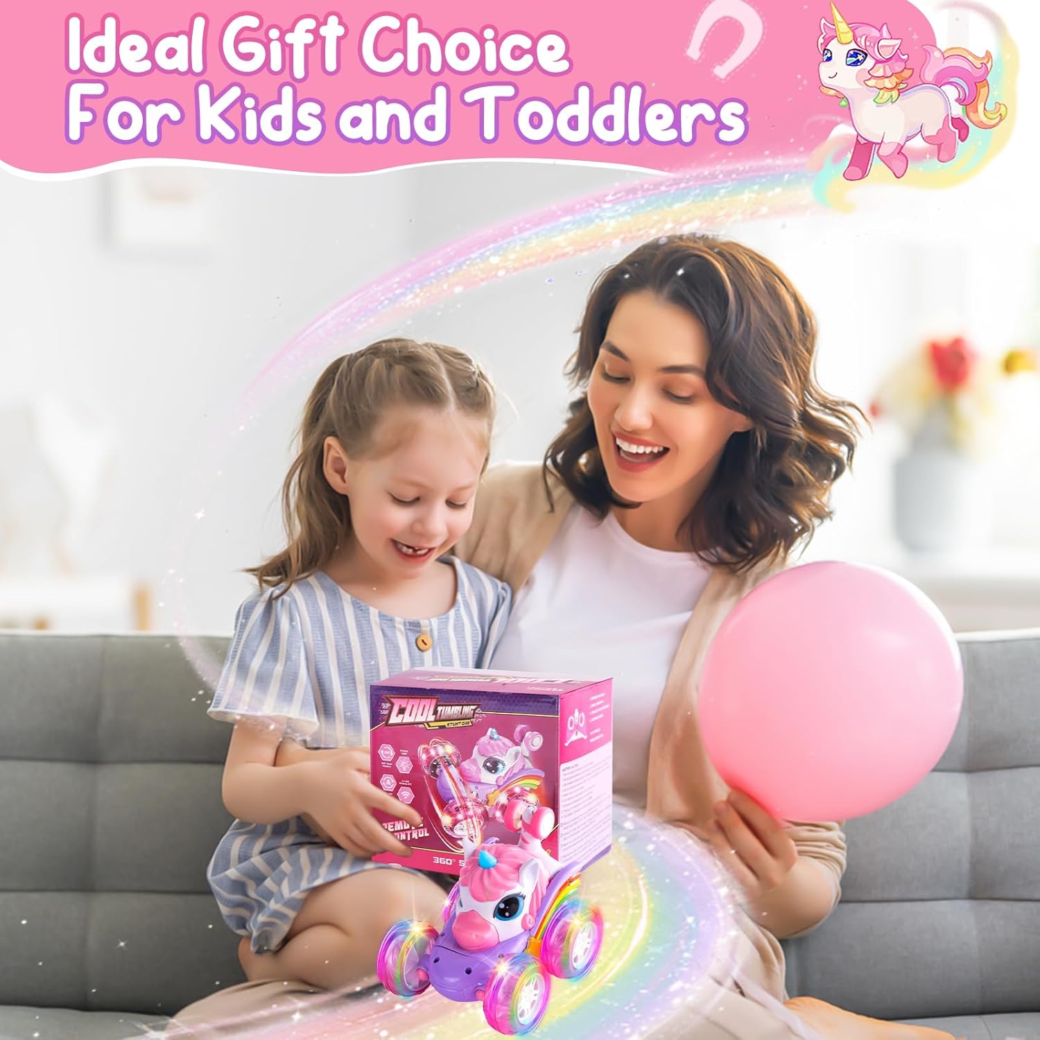 Remote Control Car Unicorn for Girls 360° Rotating 4WD Stunt RC Cars with Cute Cool LED Lights, 2.4GHz Toy Car USB Direct Charging RC Cars Birthday Gifts for Kids Girl Age 3-6 7-9 (LY-018)