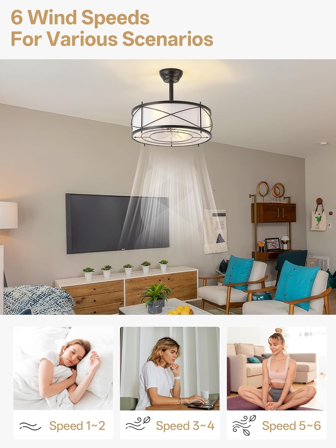 Farmhouse Rustic Fandelier Ceiling Fan with Light, 20" Black Chandelier Ceiling Fans with Lights and Remote with 6 Speeds for Living Room, Bedroom, Nursery