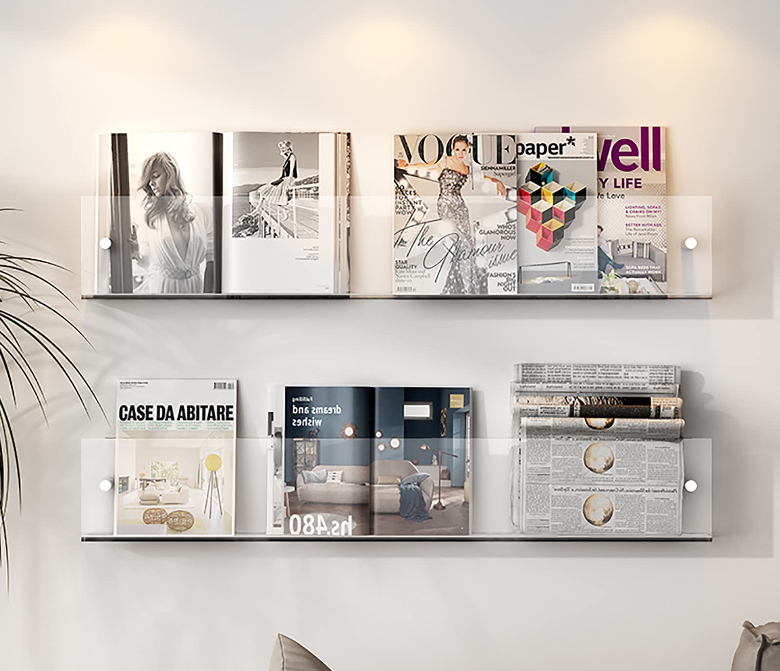 Zeitschriftenständer aus transparentem Acryl, 2er-Set, Wandmontage, Zeitschriftenhalter für Wohnzimmer und Büro, zum Aufhängen, Prospektständer mit Beschlägen, 40 cm Größe