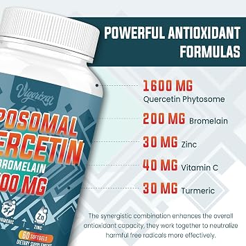 Liposomal Quercetin Phytosome, Quercetin with Bromelain, Zinc & Vitamin C, Bioactive Phytosome Complex, 20X Higher Absorption - 60 Softgels