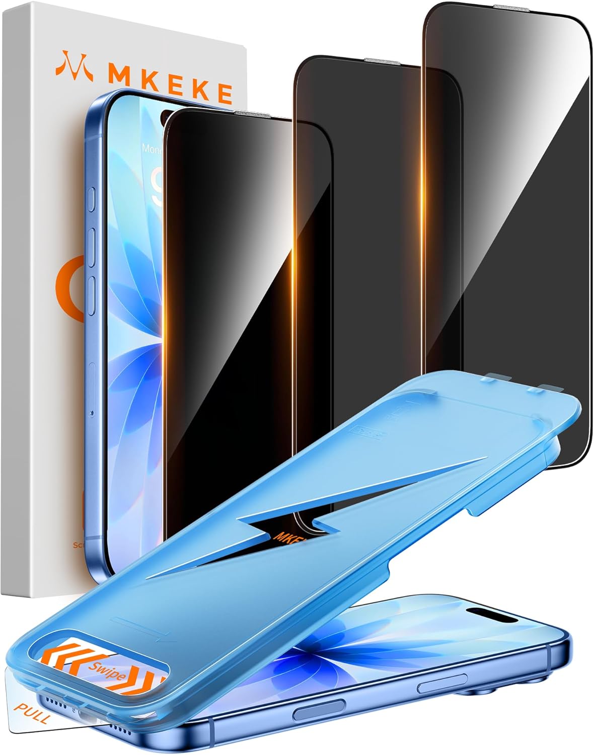 Mkeke for iPhone 17, iPhone 16 Pro Privacy Screen Protector 3 Pack for 6.3 inch, 25° Anti Spy & Auto Installation Privacy Screen Protector 9H+ Hardness Full Edge Coverage Tempered Glass