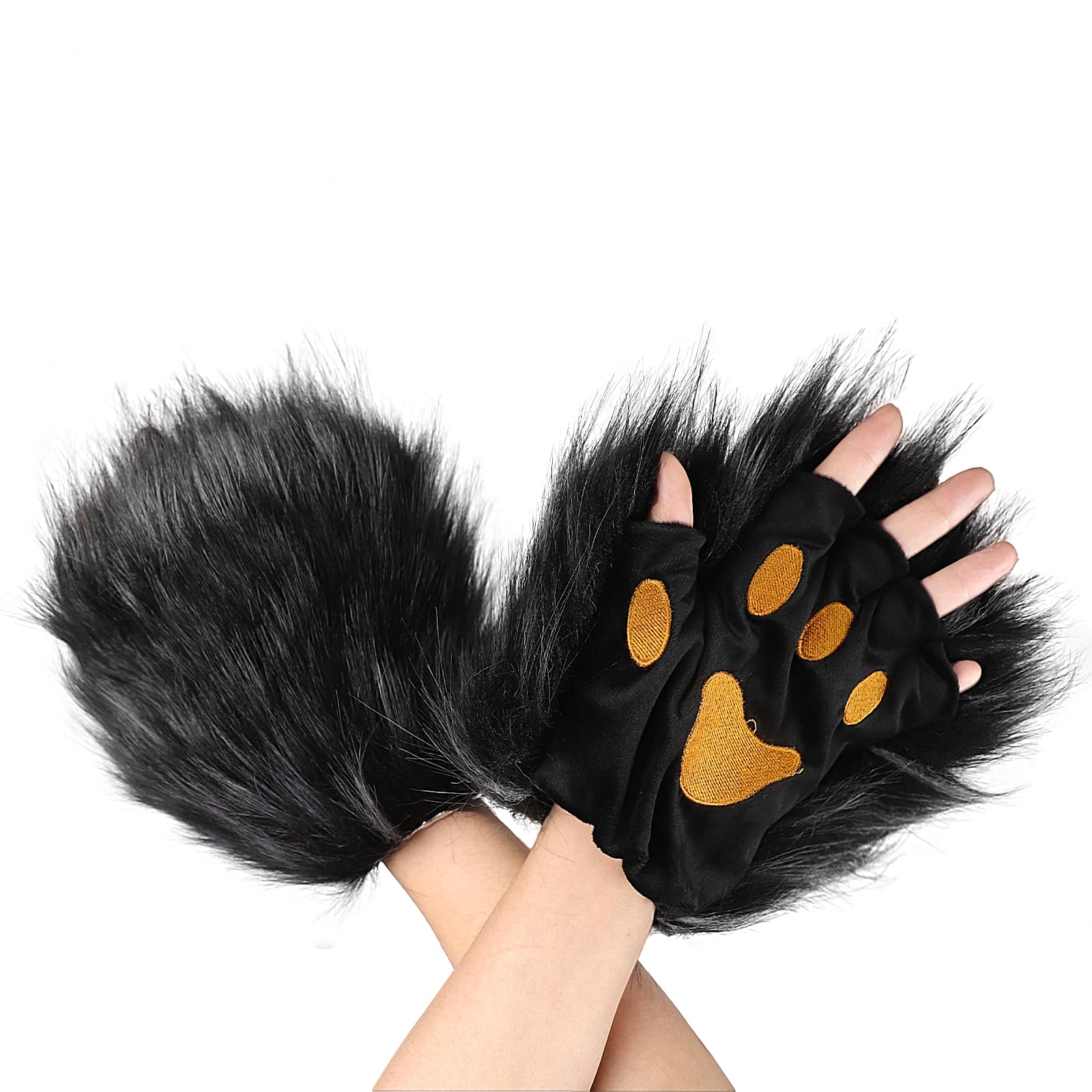 TINAYAUE Wolf Paw Gloves Furry Bear Dog Cat Paws Gloves Faux Fur Fingerless Glove Werewolf Costume Cute Animal Hands Halloween Cosplay Accessories for Adults Kids (Black, One Size)