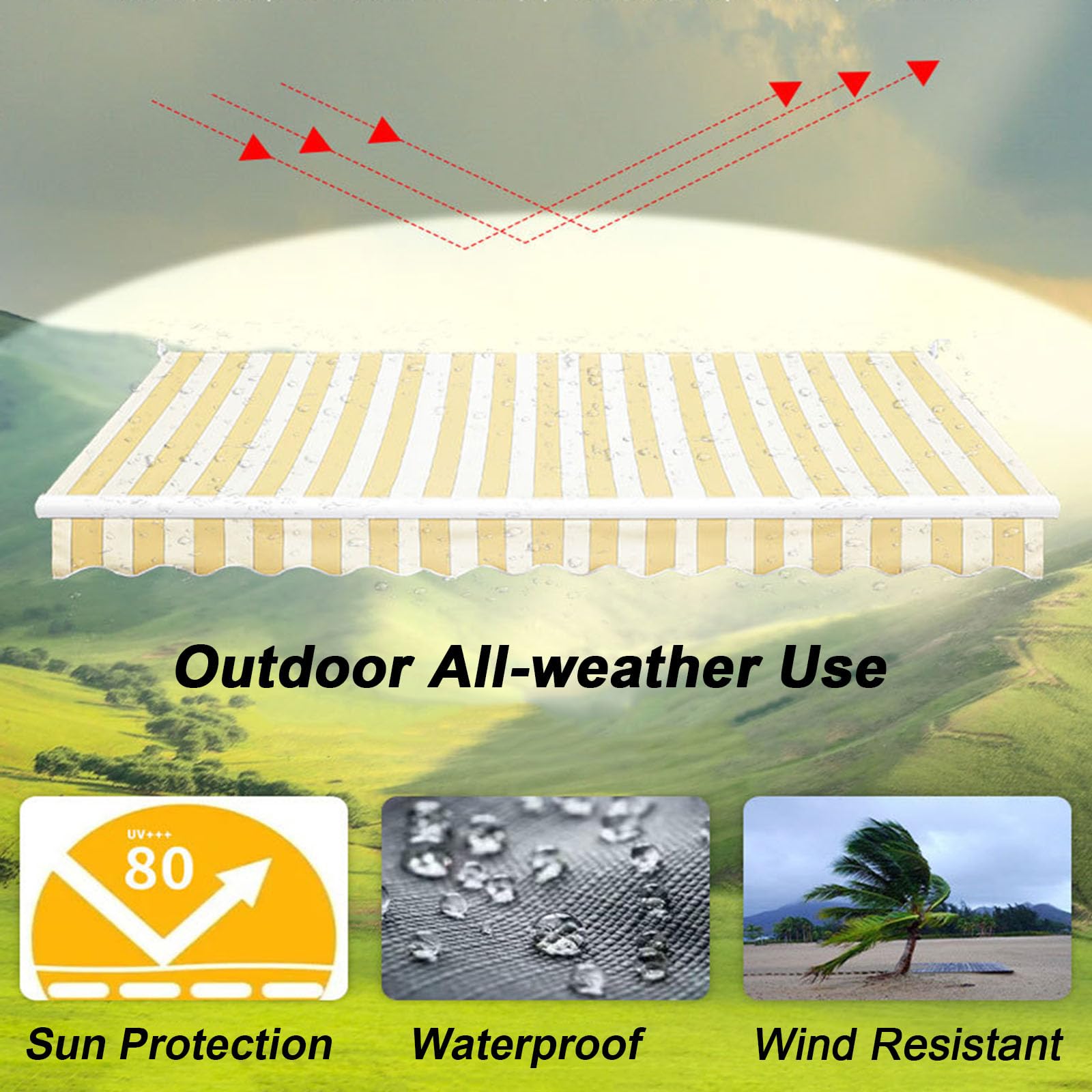 Copertura parasole retrattile per veranda da patio, impermeabile, in poliestere, tessuto di ricambio per terrazze e giardini (4,6 x 3,4 m, giallo e bianco)