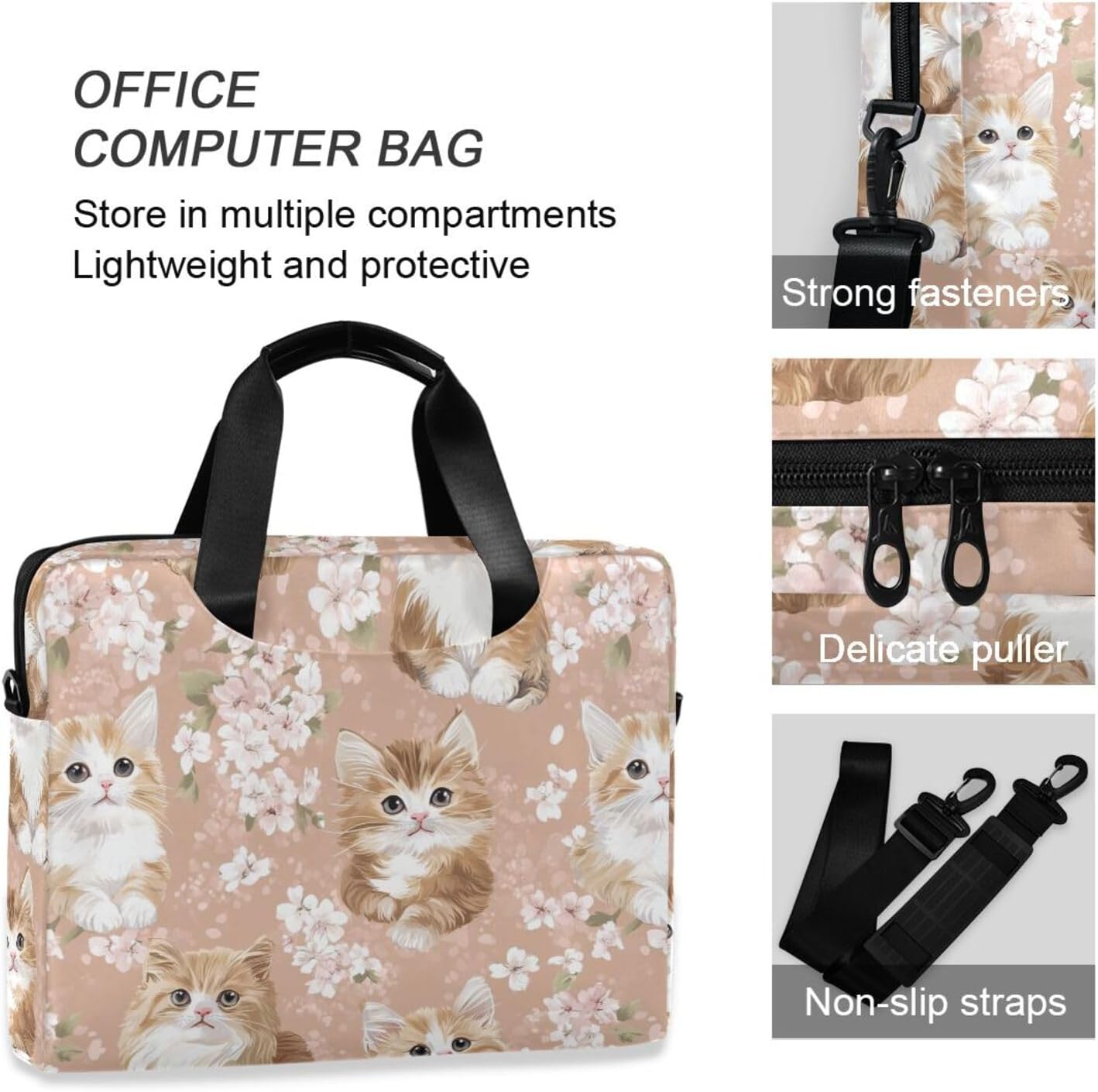 Laptop Bag with Zipper Portable Crossbody Messenger with Handle and Shoulder Strap 15 6 inch Case Hard Cover Zipper kawaii-style Maine Coon Cats Rose Gold