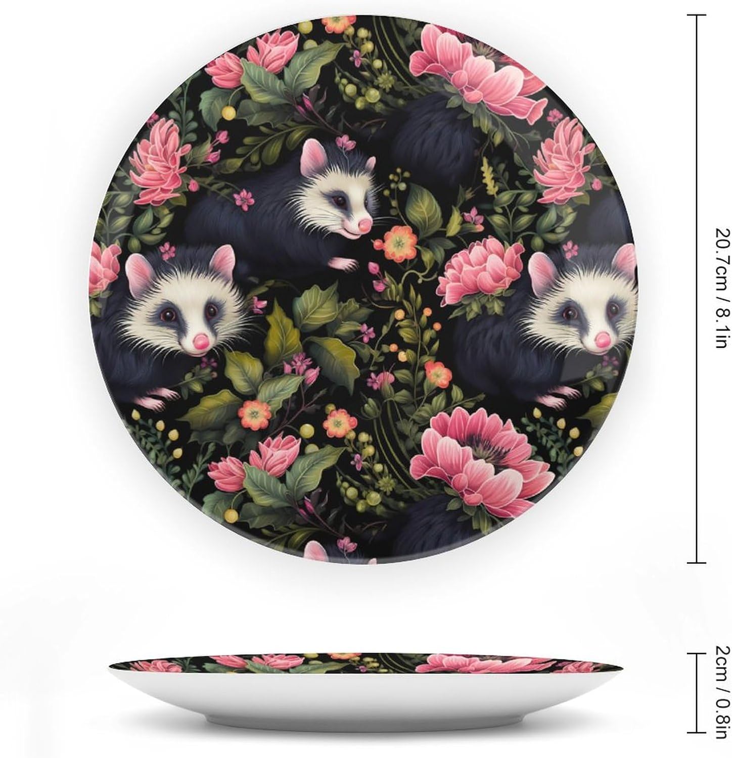 Cute Possum Flowers Personalized Bone China Decorative Plate Ceramic Decor Plates with Display Stand for Home Office Wall