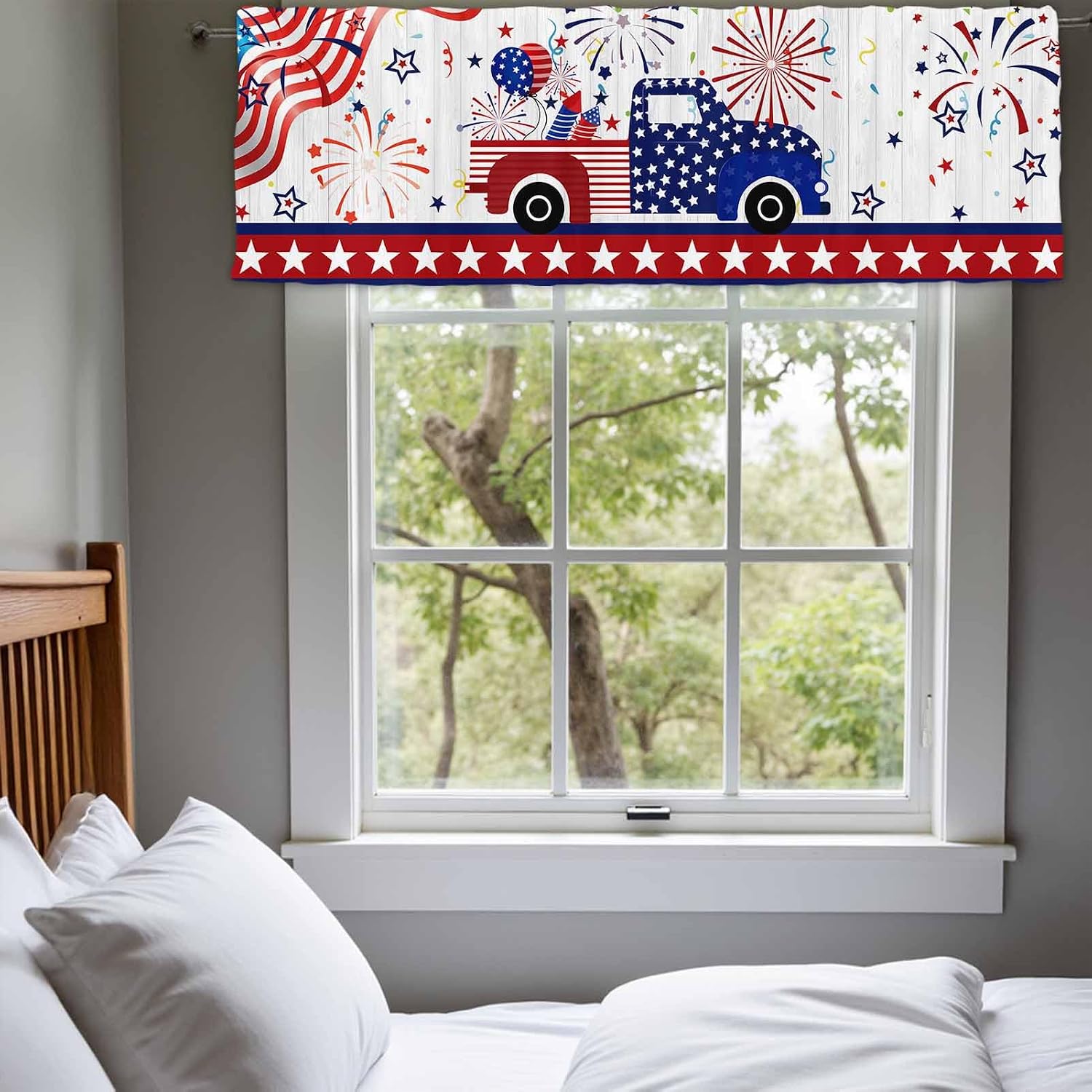 54x18Inch Polyester 4th of July Truck Curtain Valance Home Decor Independence Day Patriotic Short Topper Curtains Firework Stars Pattern Rod Pocket Window Treatment Drape