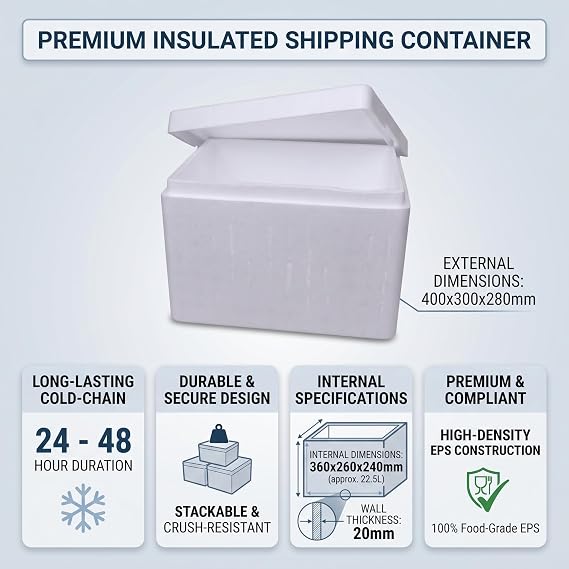 Insulated Polystyrene Thermal Shipping Box with Lid (23 Litre / 11kg) – Food-Grade EPS Cold-Chain Container (400 x 300 x 280 mm) – Pack of 1