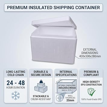 Insulated Polystyrene Thermal Shipping Box with Lid (23 Litre / 11kg) – Food-Grade EPS Cold-Chain Container (400 x 300 x 280 mm) – Pack of 1