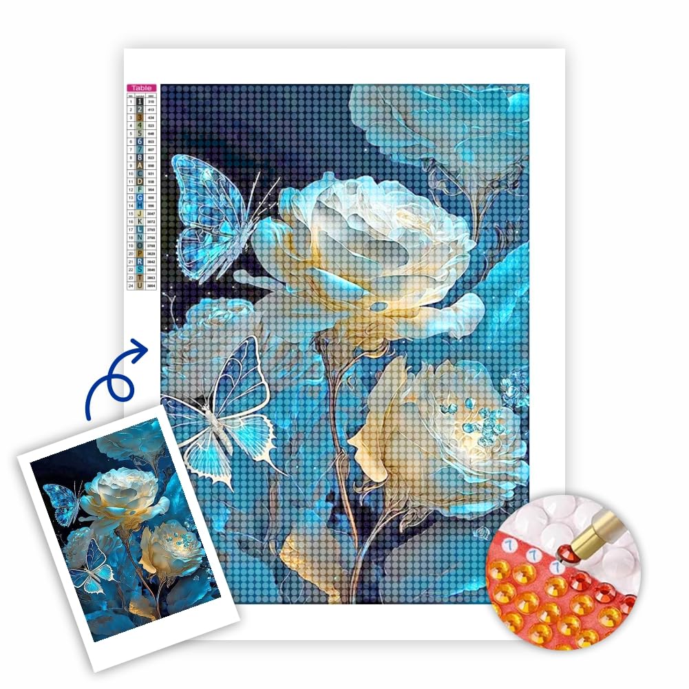 GREENOAK Diamond Painting Kits, Butterfly, Flower, Diamond Art, Diamond Painting Kits for Adults, Perfect for Wall Decoration and Gifts (Blue Flowers 15 * 11inch)