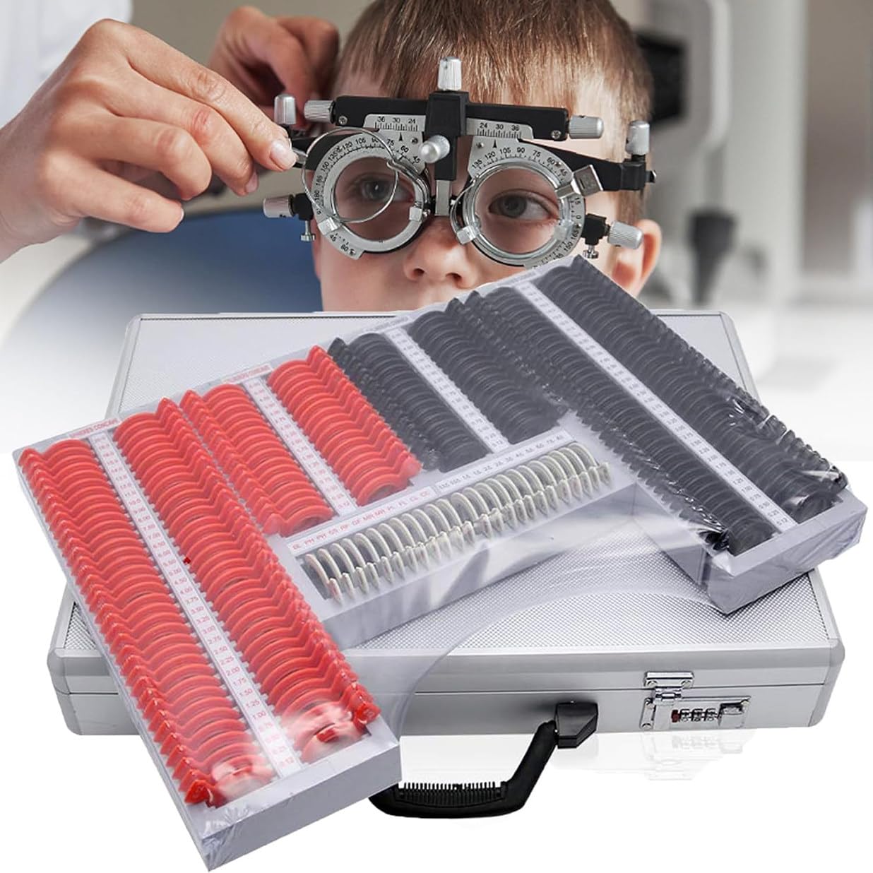 Zestaw optometryczny, 266-częściowy zestaw do testowania optometrii z ramą testową do bezpłatnego testu optometrycznego, pełny zestaw soczewek testowych optycznych z pudełkiem z obrazkiem