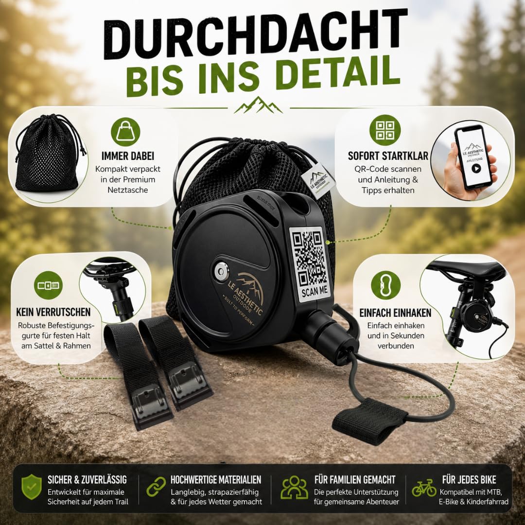 Tow PRO 3.7 - Cuerda de remolque para bicicleta con guía QR y bolsa | Cuerda Dyneema reflectante para MTB, niños y familia, 150 kg de fuerza de tracción, función de enrollado, ultraligera