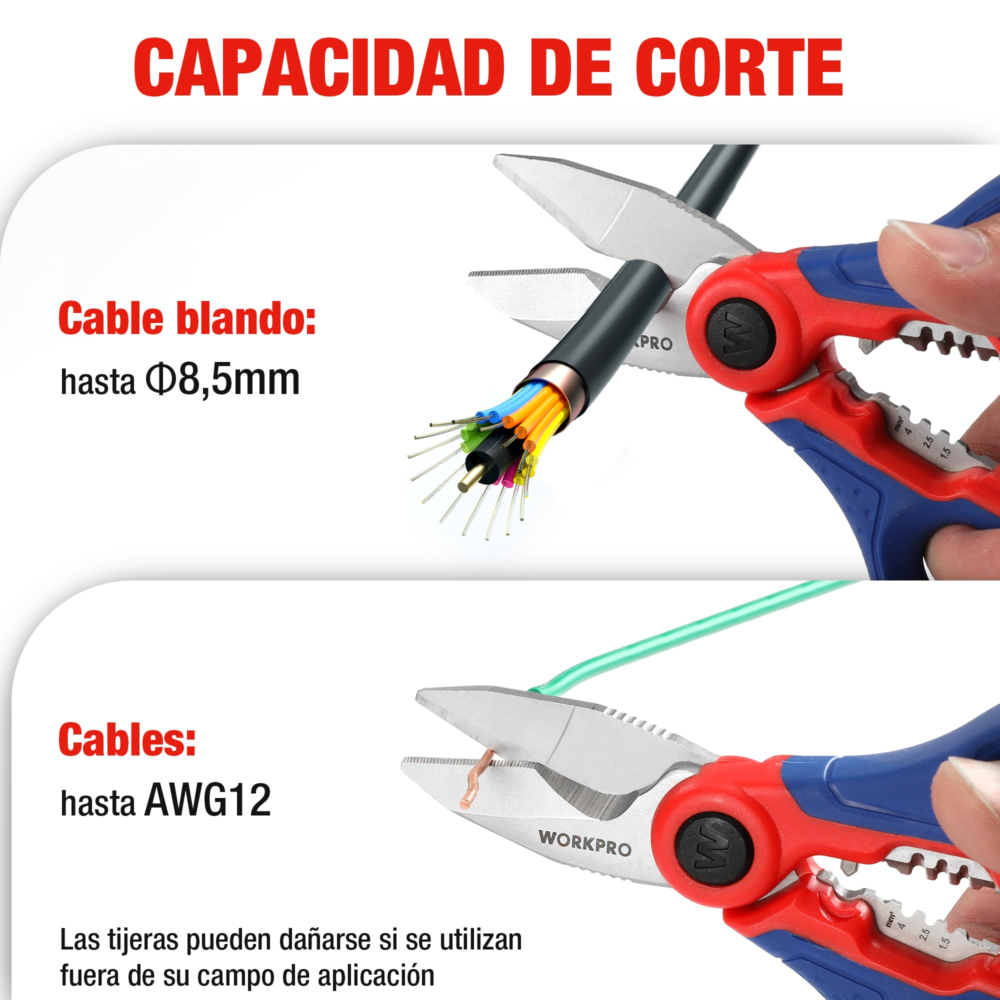WORKPRO Tijeras Electricista Multifuncionales de Acero Inoxidable 163 mm, Tijeras con Pelacables y Funda de Clip, Herramienta para Cortar Cables y Alambres, Cortadora Profesional para Electricistas